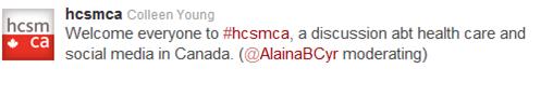 Tweet introducing #hcsmca chat